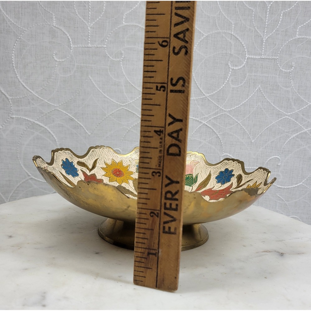 Hand Painted Brass Pedestal Bowl Trinket Floral Catch All Scalloped Rim Vintage - Picture 14 of 16